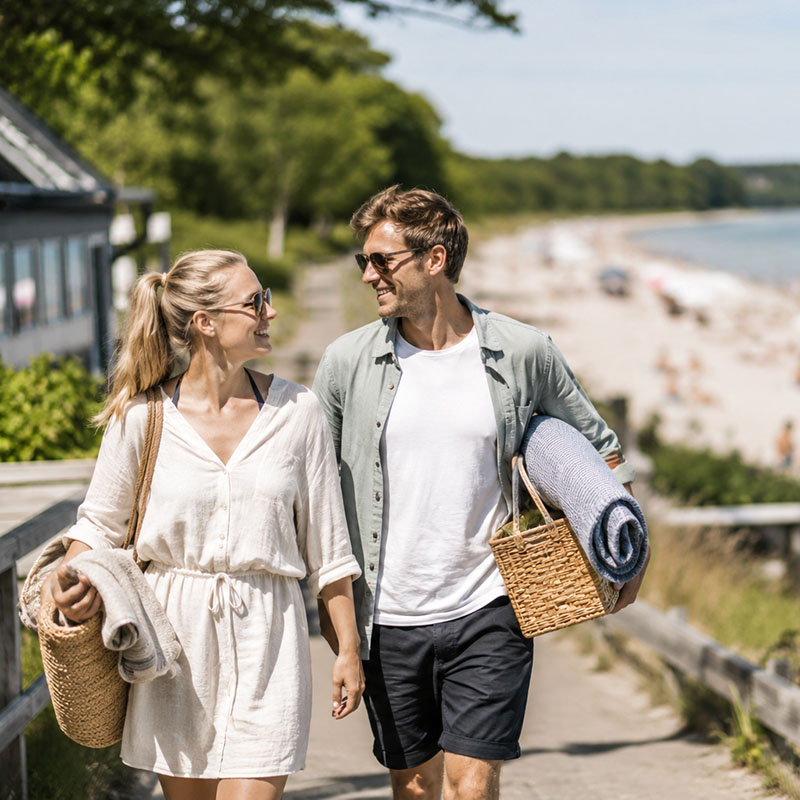 Par på vej til stranden i Ystad med strandtaske og håndklæder tæt på Ystad Saltsjöbad i Skåne