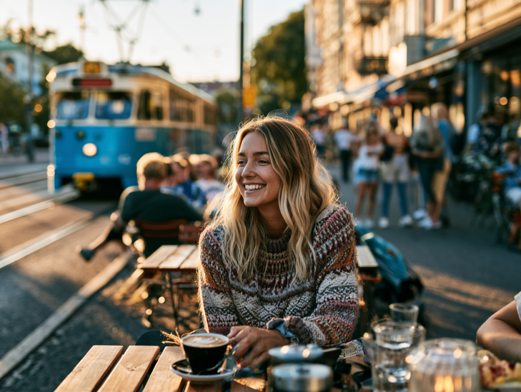 Person nyder café og byliv i Gothenburg med sporvogn og shoppinggader