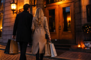 Par med shoppingposer udenfor Grand Hotel i Helsingborg om aftenen