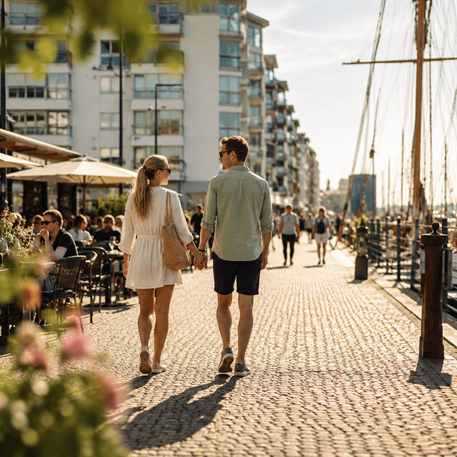 Par på havnepromenaden i Helsingborg ved Øresund en sommerdag