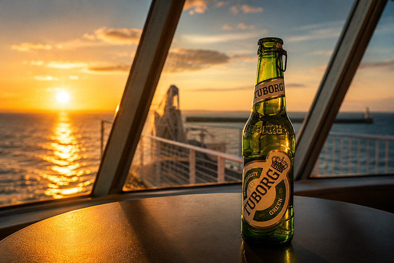 Tuborg øl på færgen mellem Helsingør og Helsingborg ved solnedgang