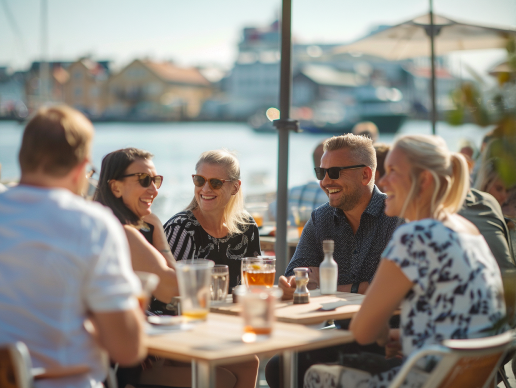 Venner på café i Malmö med afslappet byliv og udsigt over havnen