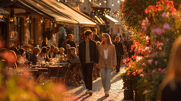 Hyggelig restaurantgade i svensk by med caféer og aftenstemning i Sweden